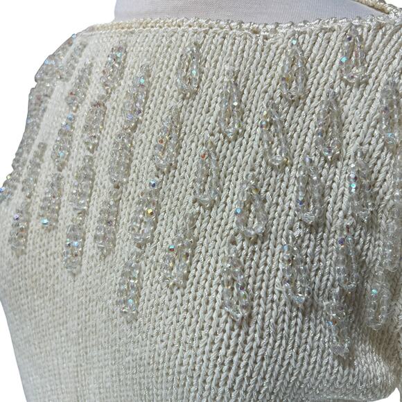 VTG 80s Glam Beaded Hand Knit Sweater Sz L Angora Wool Fringe Puff Sleeve Party - Picture 3 of 13